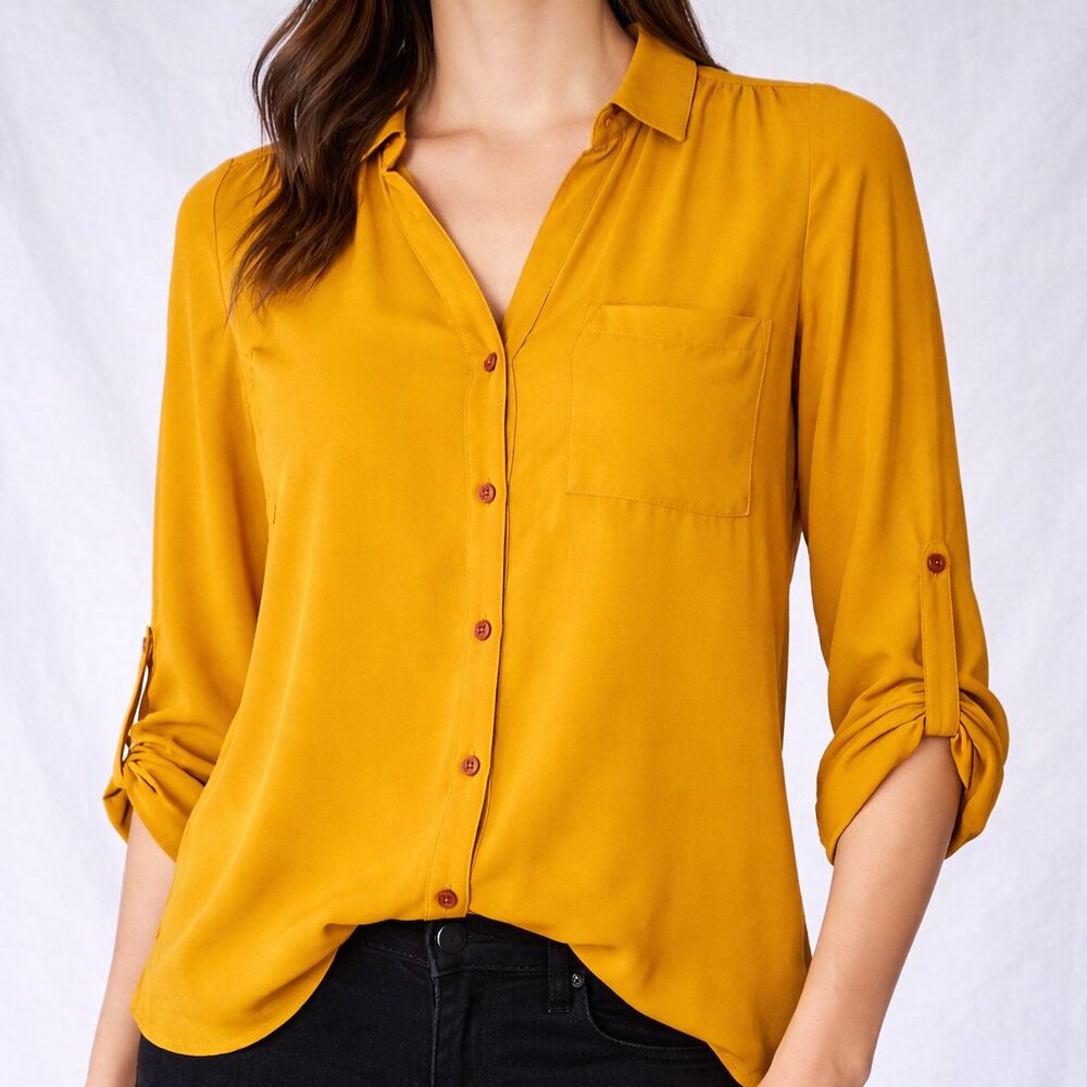 Timing‎ Mustard Yellow Button Down Roll Tab Sleeves Lightweight Blouse Sz Small